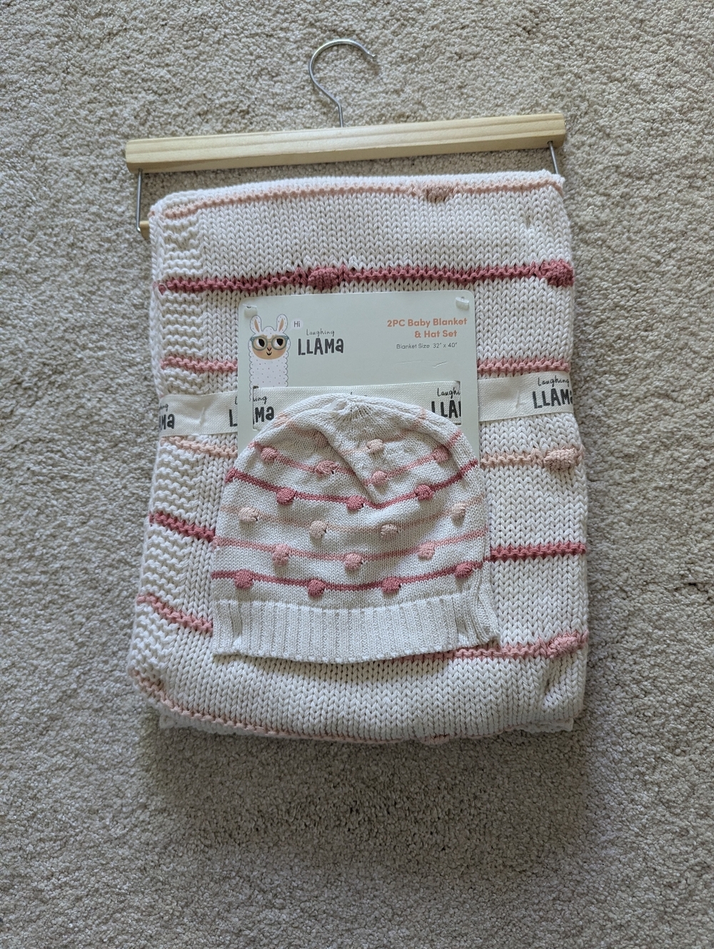 Llama Baby Blanket & Hat Set - White with Pink Stripes